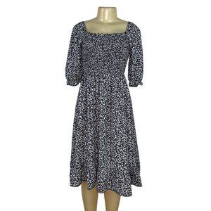 Yoviteme Black & White Floral Smocked Midi Dress With Puff Sleeves Size S
